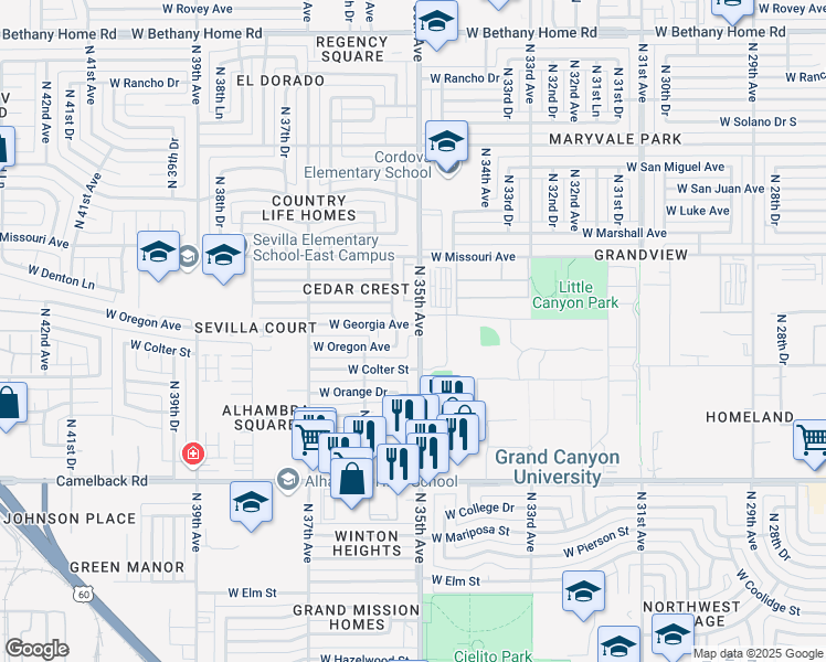 map of restaurants, bars, coffee shops, grocery stores, and more near 5255 North 35th Avenue in Phoenix