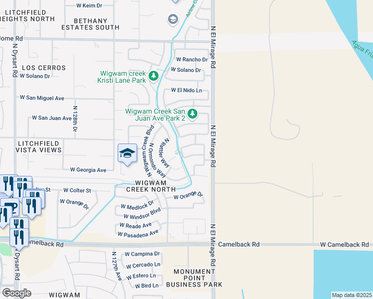 map of restaurants, bars, coffee shops, grocery stores, and more near 12413 West Denton Street in Litchfield Park