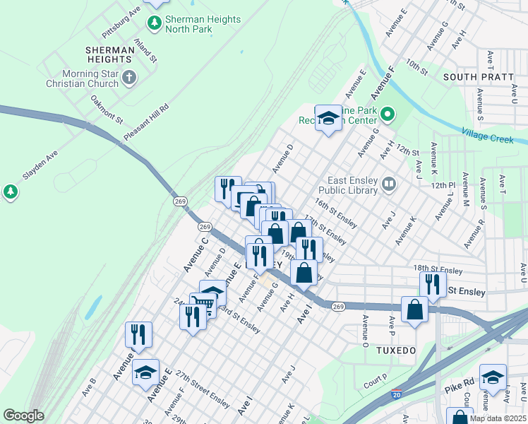 map of restaurants, bars, coffee shops, grocery stores, and more near 426 18th Street Ensley in Birmingham