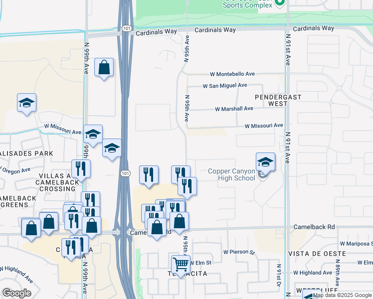 map of restaurants, bars, coffee shops, grocery stores, and more near 5500 North 95th Avenue in Glendale