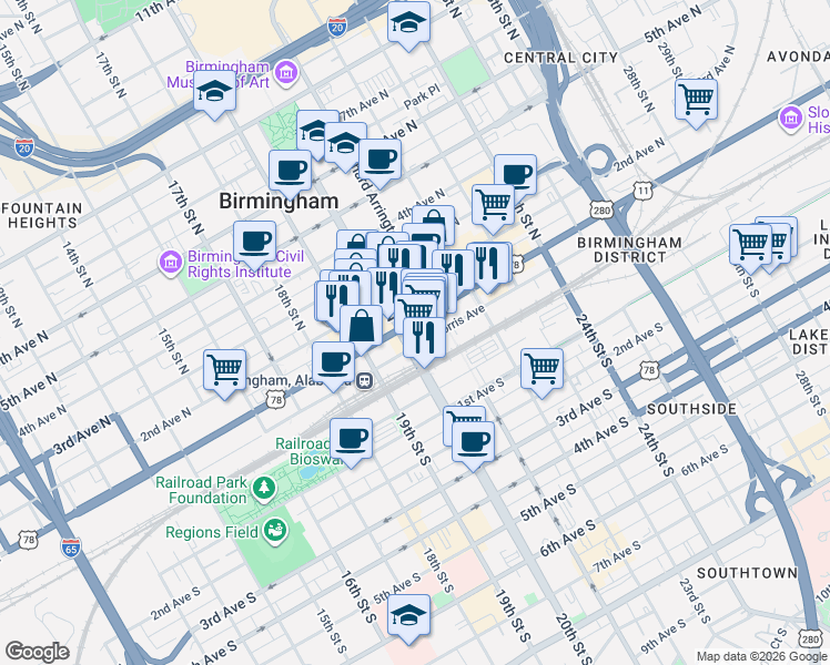 map of restaurants, bars, coffee shops, grocery stores, and more near 2013 1st Avenue North in Birmingham