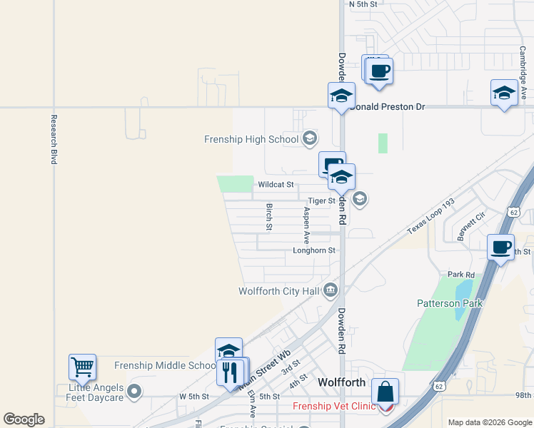 map of restaurants, bars, coffee shops, grocery stores, and more near 402 Birch Avenue in Wolfforth