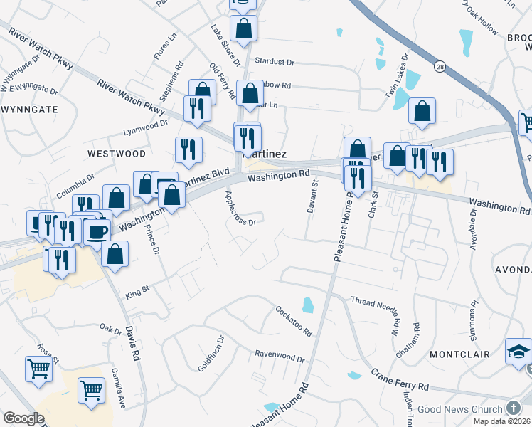 map of restaurants, bars, coffee shops, grocery stores, and more near 199 Crail Drive in Martinez