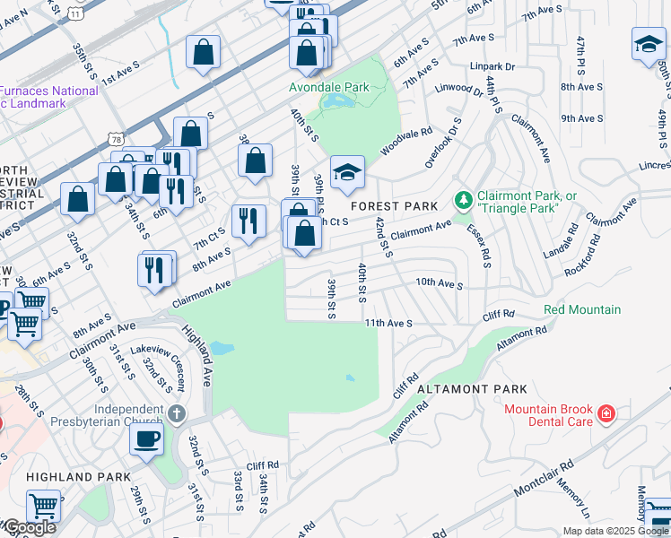 map of restaurants, bars, coffee shops, grocery stores, and more near 3900 Glenwood Avenue in Birmingham