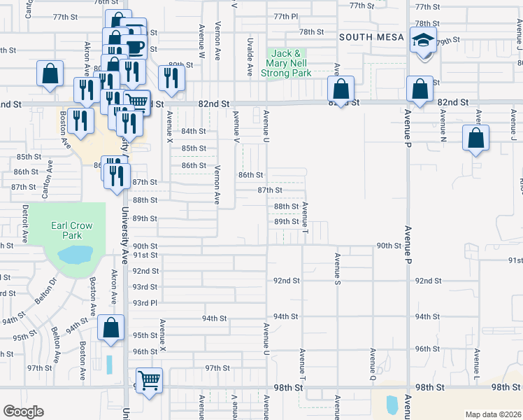 map of restaurants, bars, coffee shops, grocery stores, and more near 2103 88th St in Lubbock