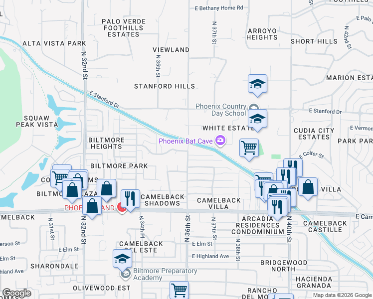 map of restaurants, bars, coffee shops, grocery stores, and more near 5213 North 36th Street in Phoenix