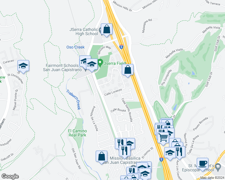 map of restaurants, bars, coffee shops, grocery stores, and more near 30882 Paseo El Marmol in San Juan Capistrano