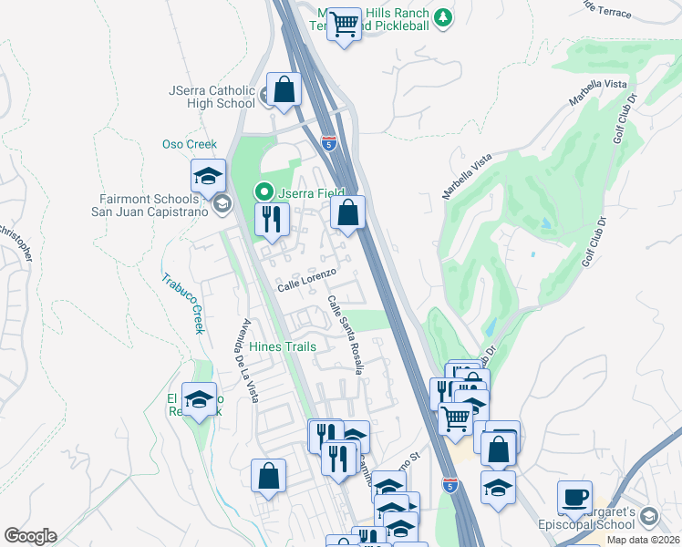 map of restaurants, bars, coffee shops, grocery stores, and more near 26672 Calle Lorenzo in San Juan Capistrano