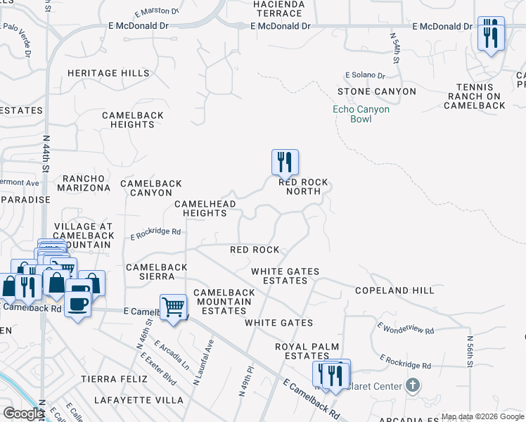 map of restaurants, bars, coffee shops, grocery stores, and more near 4925 East Grandview Lane in Phoenix