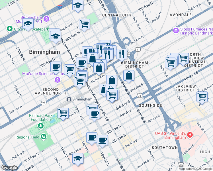 map of restaurants, bars, coffee shops, grocery stores, and more near 2200 Powell Avenue South in Birmingham
