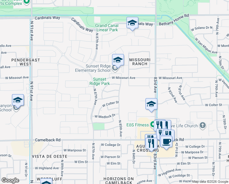 map of restaurants, bars, coffee shops, grocery stores, and more near 8533 West Georgia Avenue in Glendale