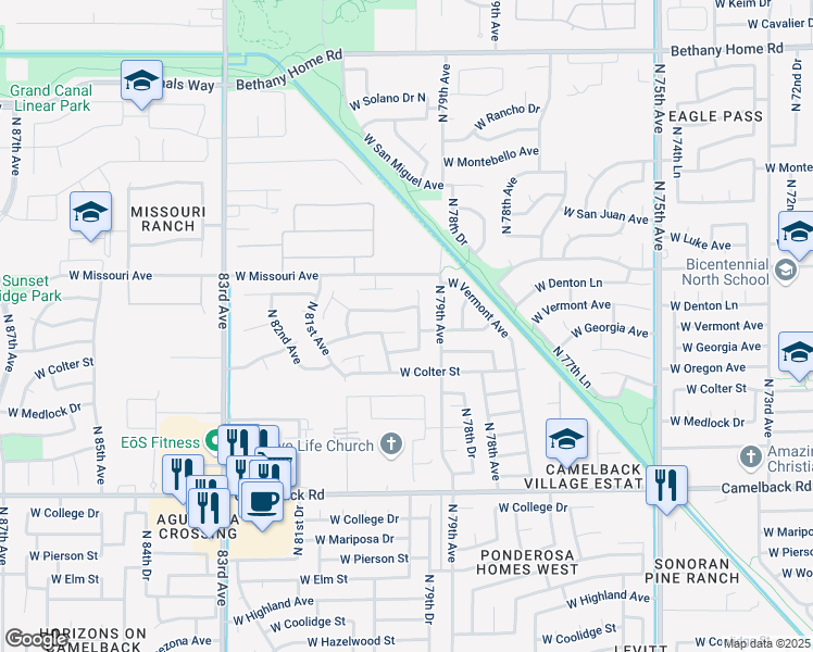 map of restaurants, bars, coffee shops, grocery stores, and more near 5406 North 79th Drive in Glendale