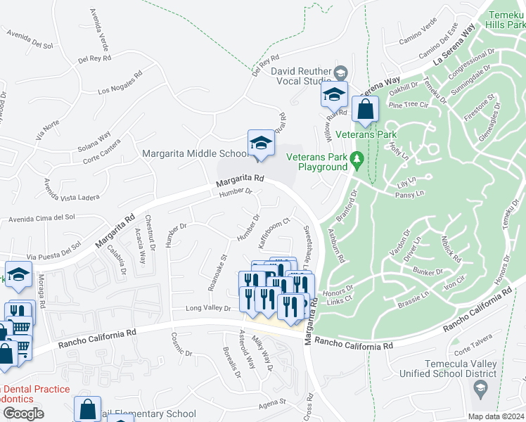 map of restaurants, bars, coffee shops, grocery stores, and more near 30605 Feather Court in Temecula