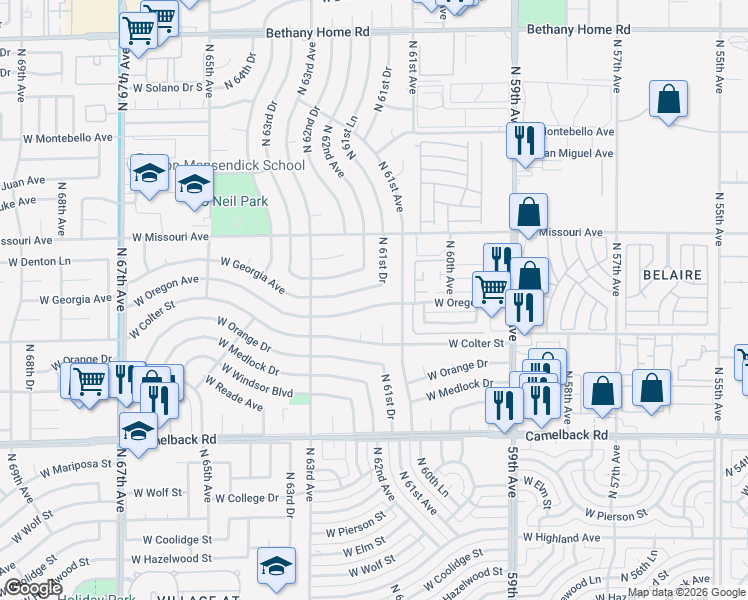map of restaurants, bars, coffee shops, grocery stores, and more near 6124 West Oregon Avenue in Glendale