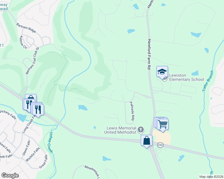 map of restaurants, bars, coffee shops, grocery stores, and more near 312 Rustic Lane in Evans