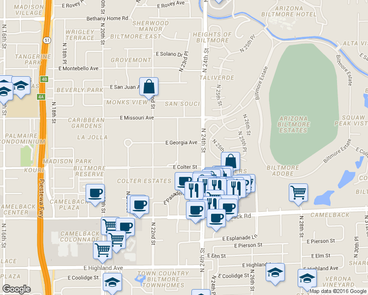 map of restaurants, bars, coffee shops, grocery stores, and more near 5229 North 23rd Street in Phoenix