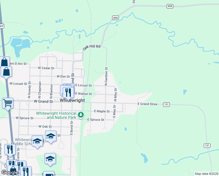 map of restaurants, bars, coffee shops, grocery stores, and more near 405 East Locust Street in Whitewright