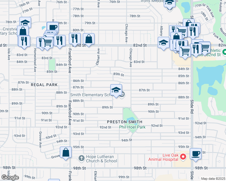 map of restaurants, bars, coffee shops, grocery stores, and more near 5603 87th Street in Lubbock