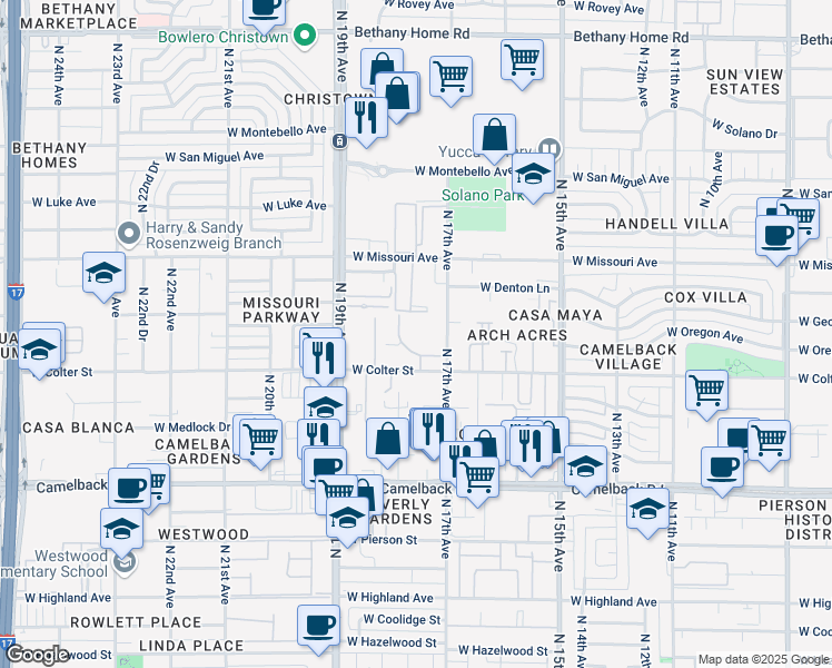 map of restaurants, bars, coffee shops, grocery stores, and more near 5210 North 17th Avenue in Phoenix