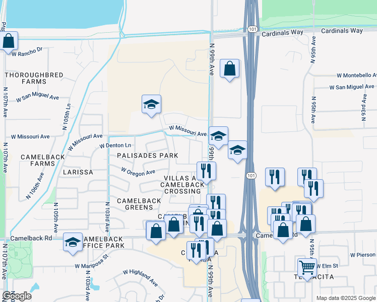 map of restaurants, bars, coffee shops, grocery stores, and more near 10336 North 101st Avenue in Glendale