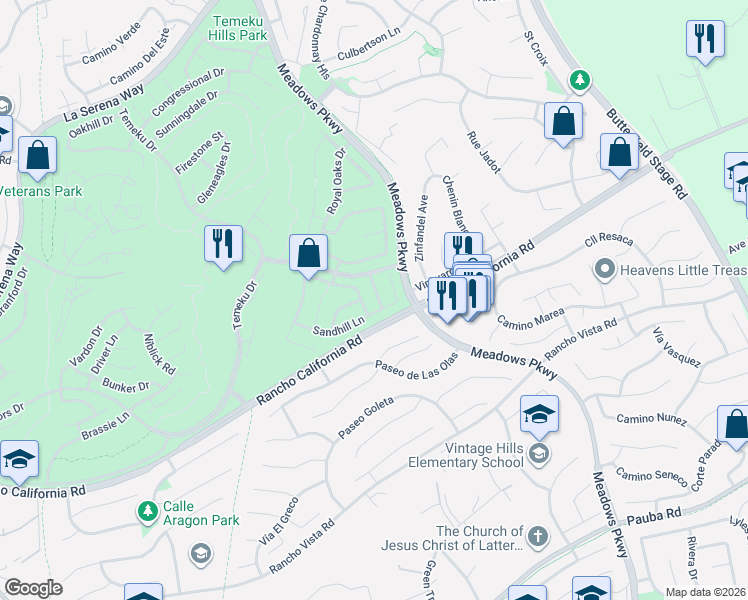 map of restaurants, bars, coffee shops, grocery stores, and more near 42065 Pine Needle Street in Temecula