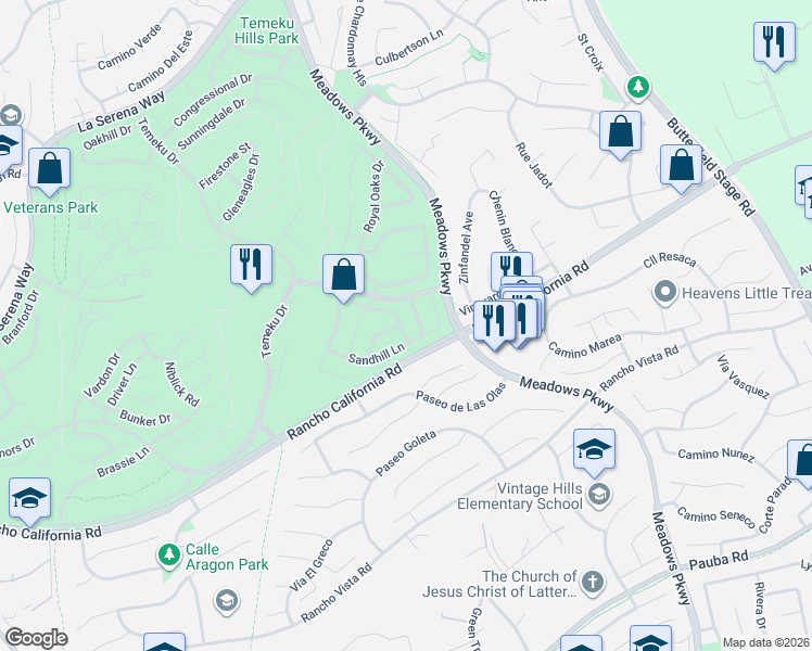 map of restaurants, bars, coffee shops, grocery stores, and more near 42065 Pine Needle Street in Temecula