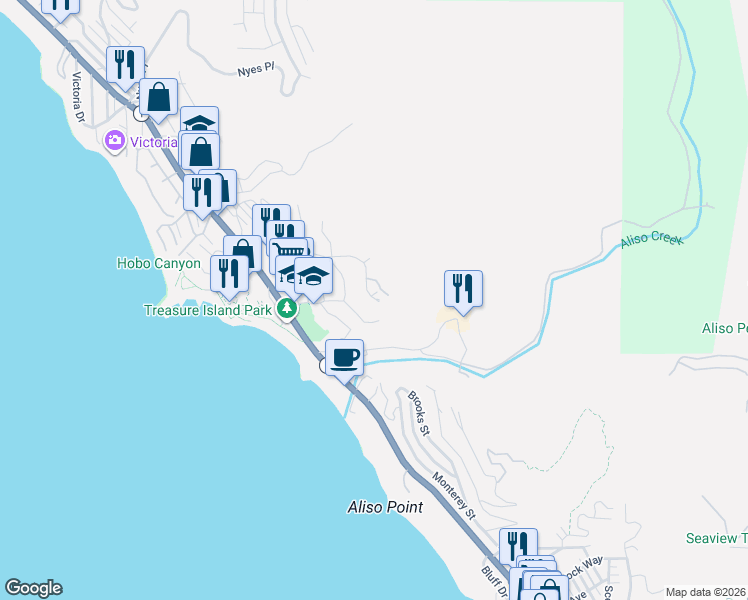 map of restaurants, bars, coffee shops, grocery stores, and more near 21731 Ocean Vista Drive in Laguna Beach