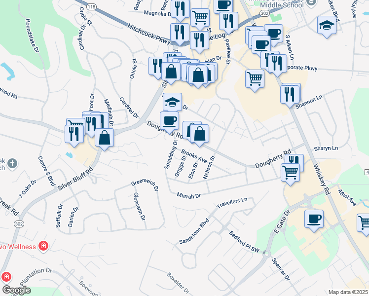 map of restaurants, bars, coffee shops, grocery stores, and more near 966 Brooks Avenue in Aiken