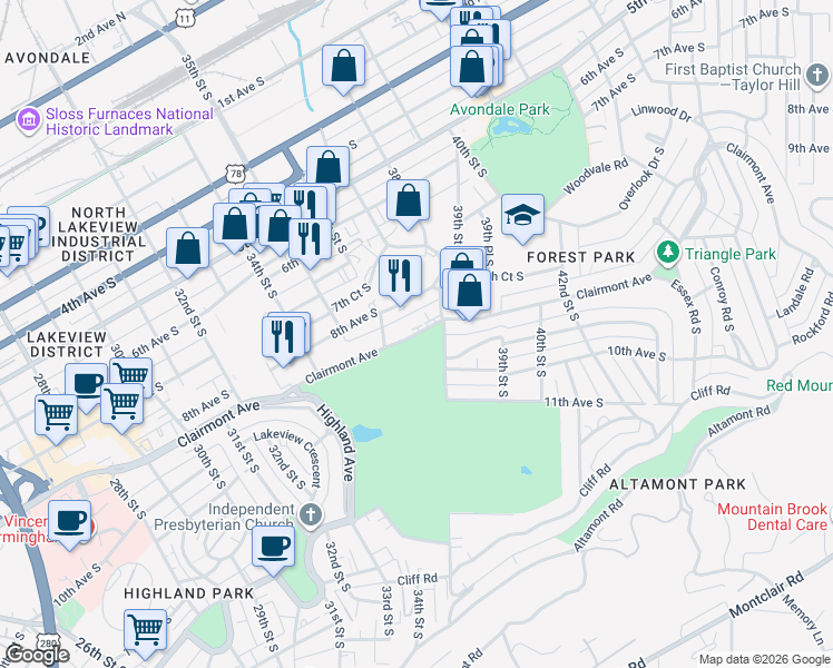 map of restaurants, bars, coffee shops, grocery stores, and more near 3652 Clairmont Avenue in Birmingham