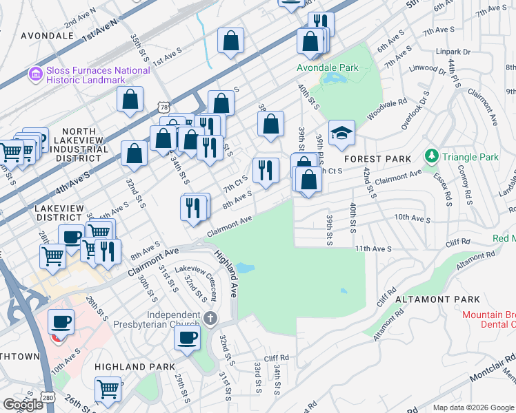 map of restaurants, bars, coffee shops, grocery stores, and more near 3608 Clairmont Avenue in Birmingham