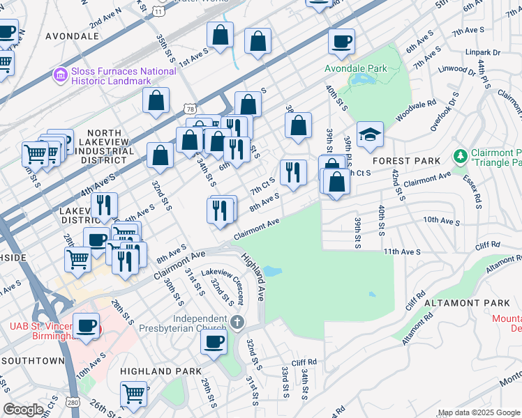 map of restaurants, bars, coffee shops, grocery stores, and more near 3420 Clairmont Avenue in Birmingham