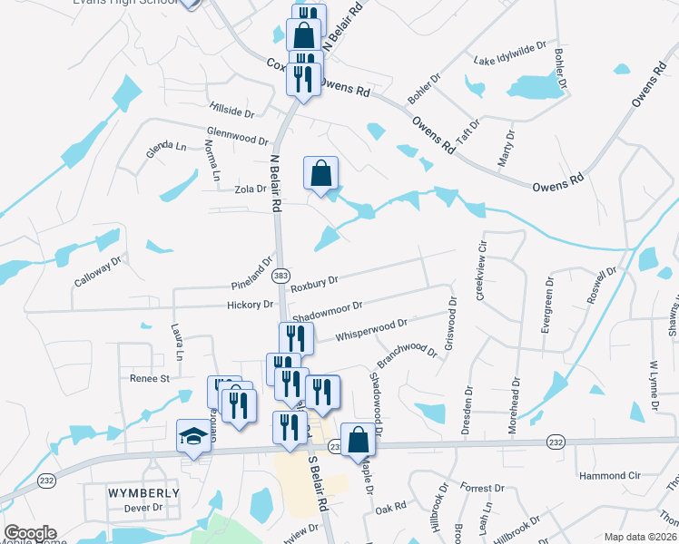 map of restaurants, bars, coffee shops, grocery stores, and more near 4429 Roxbury Drive in Evans