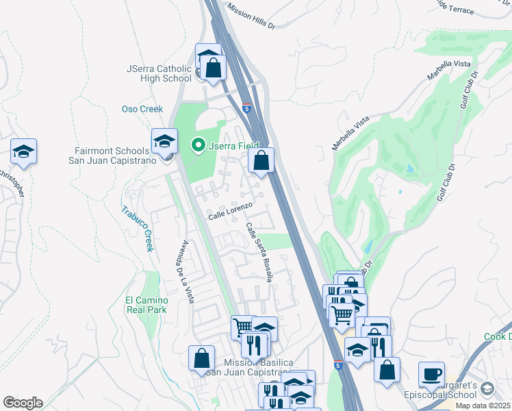 map of restaurants, bars, coffee shops, grocery stores, and more near 26672 Calle Lorenzo in San Juan Capistrano