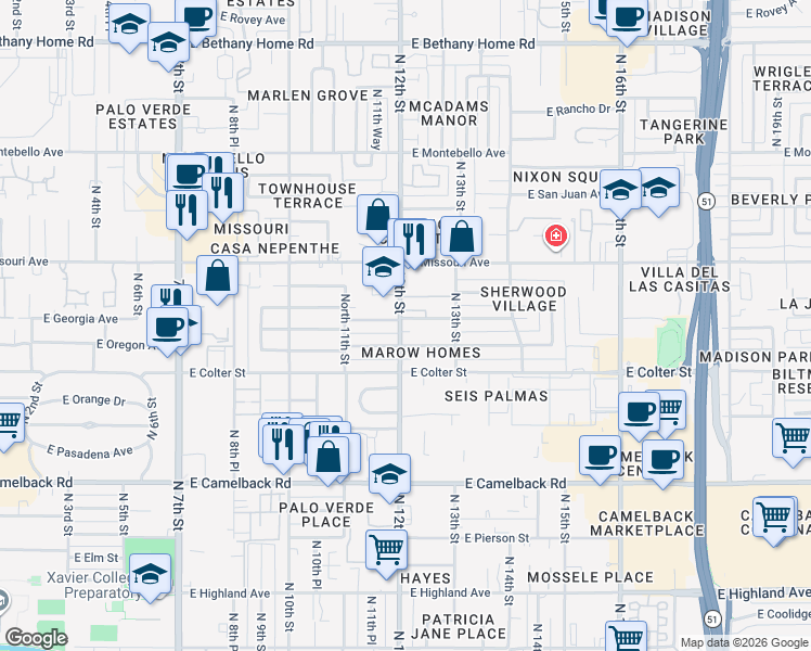 map of restaurants, bars, coffee shops, grocery stores, and more near 1201 E Georgia Ave in Phoenix