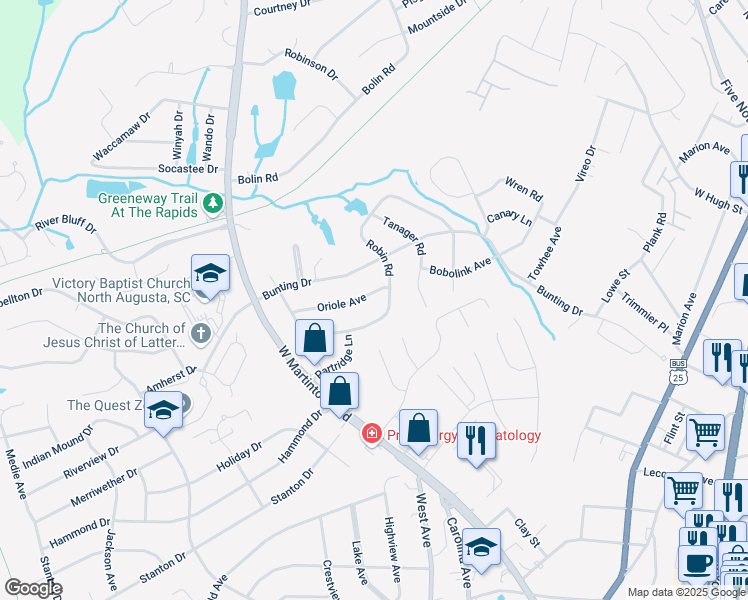 map of restaurants, bars, coffee shops, grocery stores, and more near 1833 Oriole Avenue in North Augusta
