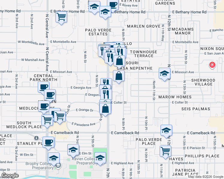 map of restaurants, bars, coffee shops, grocery stores, and more near 5303 North 7th Street in Phoenix