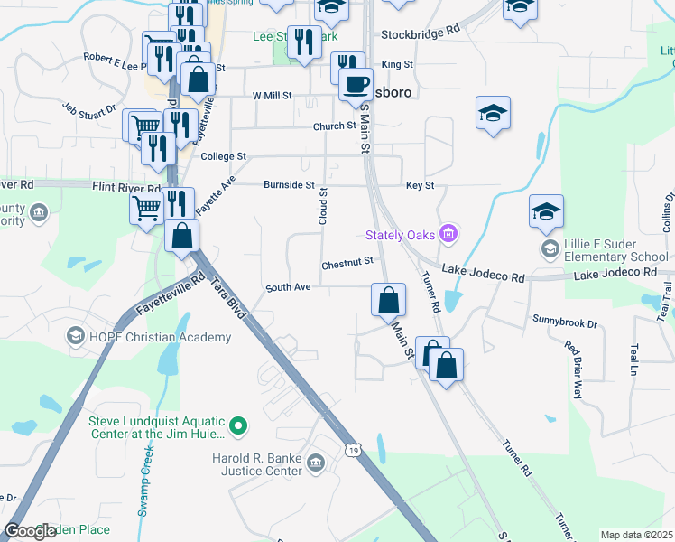map of restaurants, bars, coffee shops, grocery stores, and more near 121 Chestnut Street in Jonesboro
