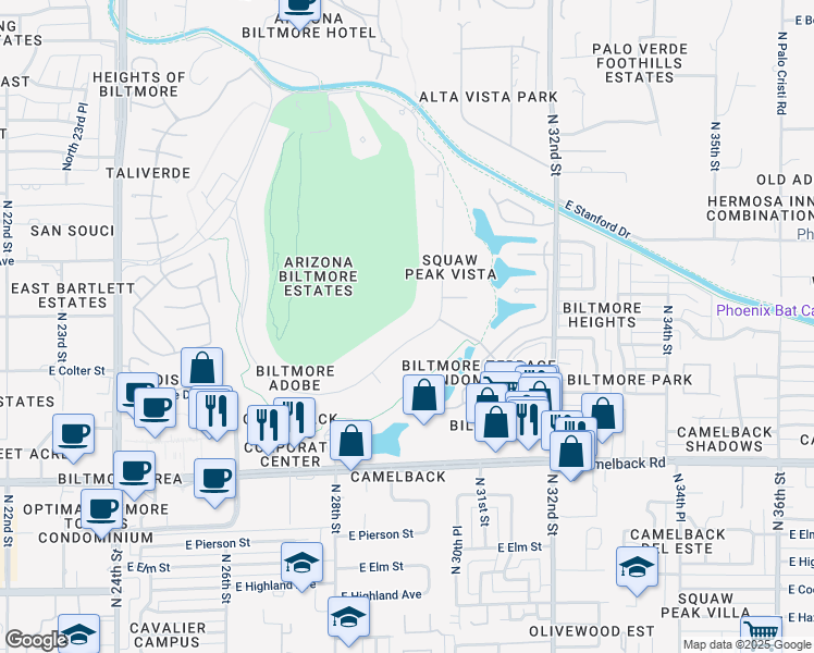 map of restaurants, bars, coffee shops, grocery stores, and more near 19 Biltmore Estates Drive in Phoenix