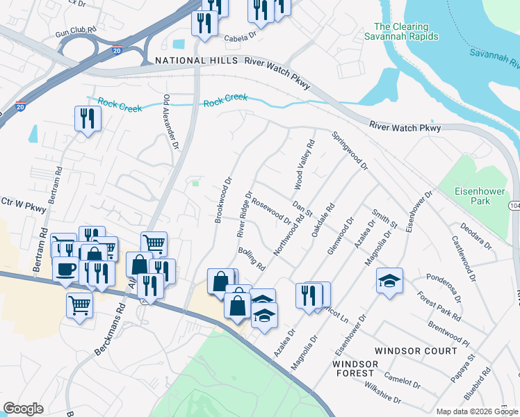 map of restaurants, bars, coffee shops, grocery stores, and more near 2720 Rosewood Drive in Augusta