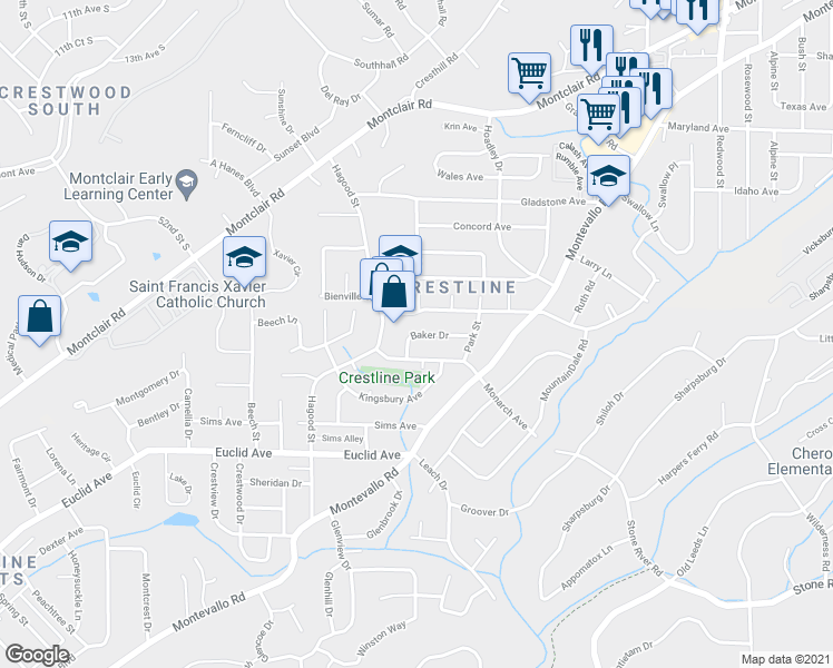 map of restaurants, bars, coffee shops, grocery stores, and more near 505 Baker Drive in Birmingham