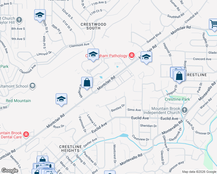 map of restaurants, bars, coffee shops, grocery stores, and more near 801 Montclair Road in Birmingham