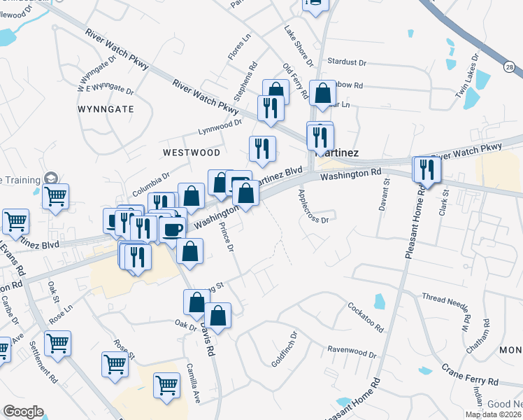 map of restaurants, bars, coffee shops, grocery stores, and more near 3682 Washington Road in Martinez