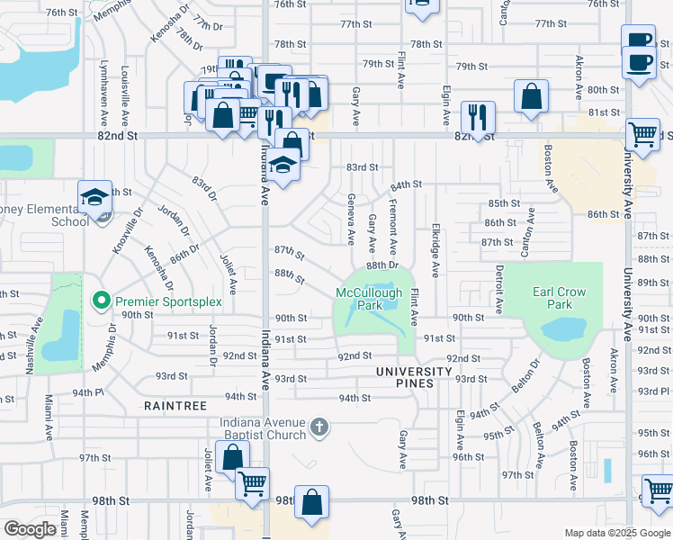 map of restaurants, bars, coffee shops, grocery stores, and more near 3204 87th Street in Lubbock