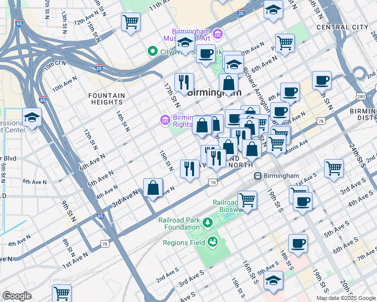 map of restaurants, bars, coffee shops, grocery stores, and more near 1601 4th Avenue North in Birmingham