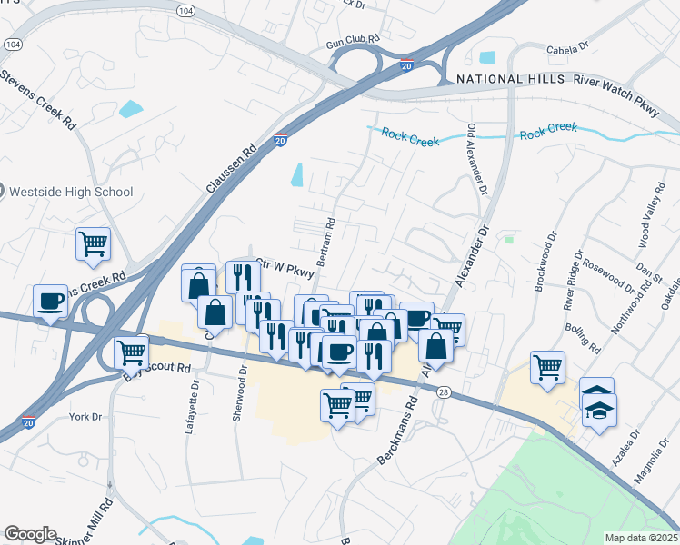 map of restaurants, bars, coffee shops, grocery stores, and more near 212 Napa Drive in Augusta
