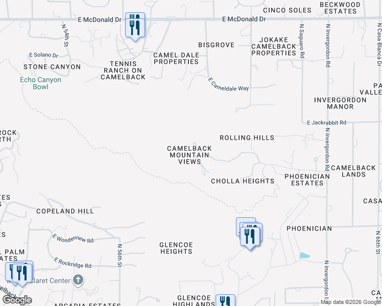 map of restaurants, bars, coffee shops, grocery stores, and more near 6019 East Cholla Lane in Paradise Valley