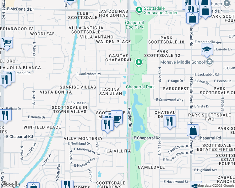 map of restaurants, bars, coffee shops, grocery stores, and more near 5326 North 79th Way in Scottsdale