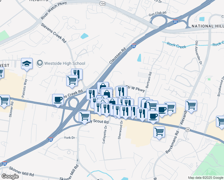 map of restaurants, bars, coffee shops, grocery stores, and more near 147 Blake Drive in Augusta