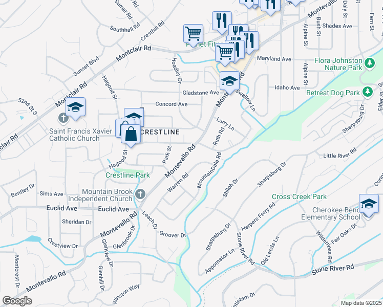 map of restaurants, bars, coffee shops, grocery stores, and more near 4333 Montevallo Road in Birmingham