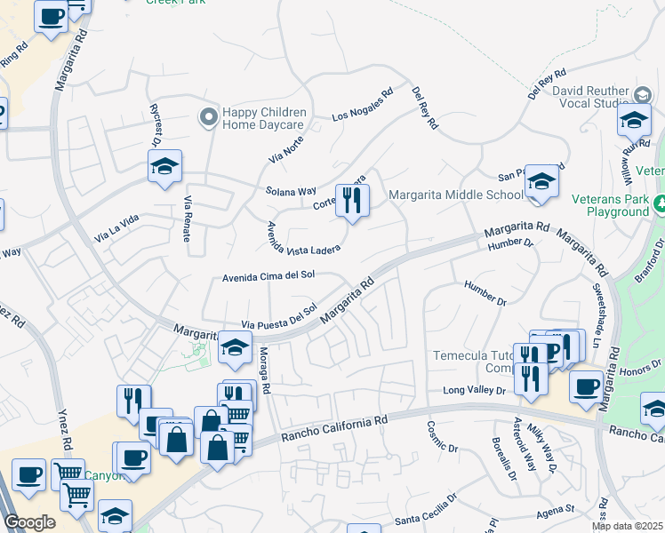 map of restaurants, bars, coffee shops, grocery stores, and more near 29970 Avenida Cima del Sol in Temecula
